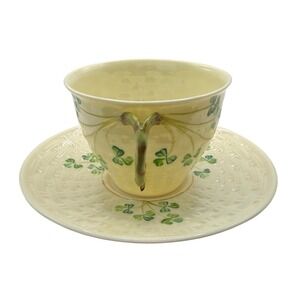 Belleek Ireland Parian China Shamrock Basketweave Teacup and Saucer Set Vintage